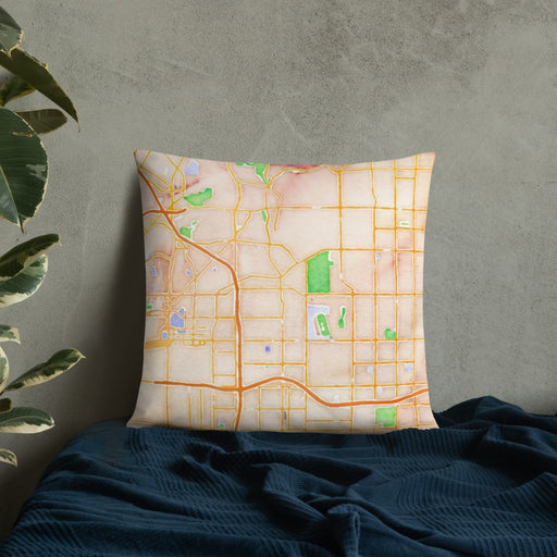 Custom Inglewood California Map Throw Pillow in Watercolor on Bedding Against Wall