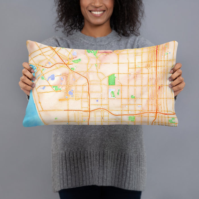 Person holding 20x12 Custom Inglewood California Map Throw Pillow in Watercolor
