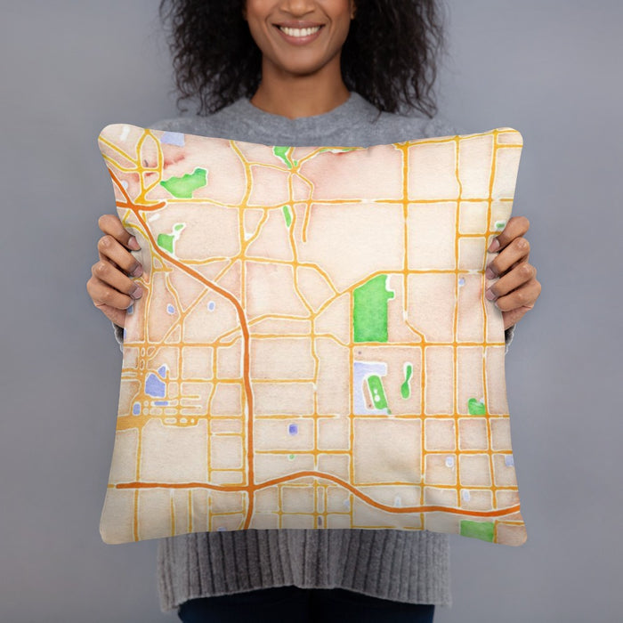Person holding 18x18 Custom Inglewood California Map Throw Pillow in Watercolor
