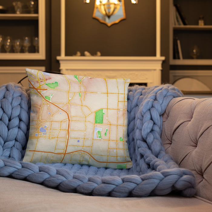 Custom Inglewood California Map Throw Pillow in Watercolor on Cream Colored Couch