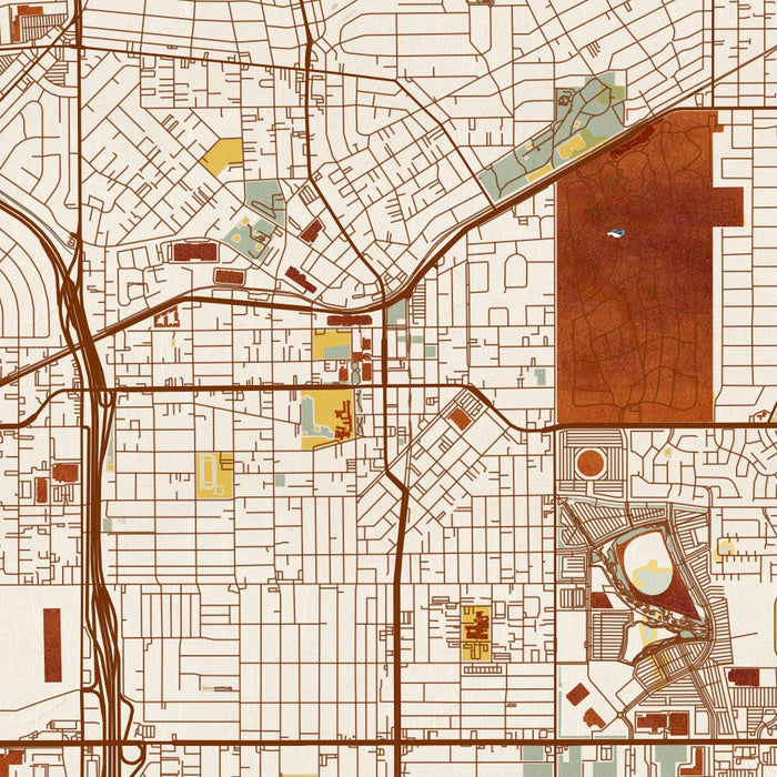 Inglewood California Map Print in Woodblock Style Zoomed In Close Up Showing Details