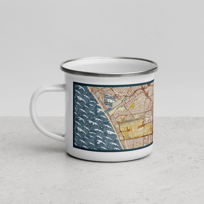 Left View Custom Inglewood California Map Enamel Mug in Woodblock