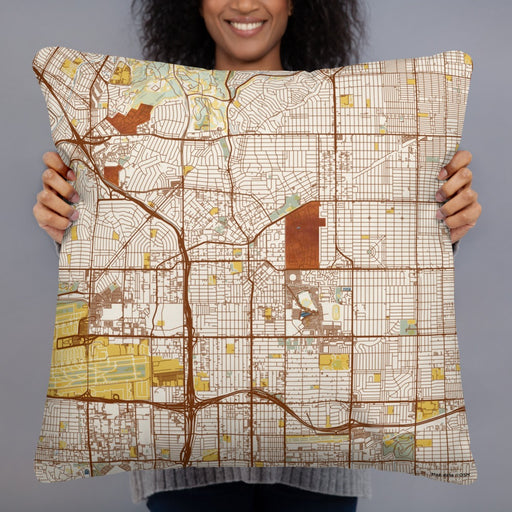 Person holding 22x22 Custom Inglewood California Map Throw Pillow in Woodblock