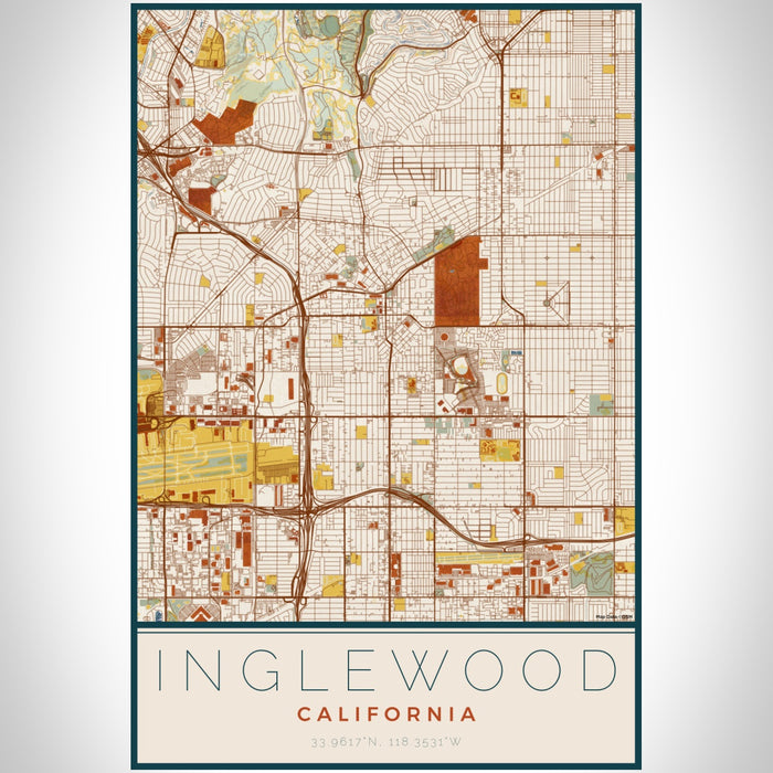 Inglewood California Map Print Portrait Orientation in Woodblock Style With Shaded Background