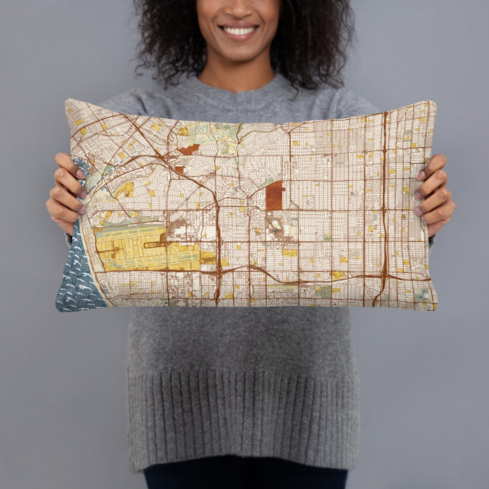 Person holding 20x12 Custom Inglewood California Map Throw Pillow in Woodblock