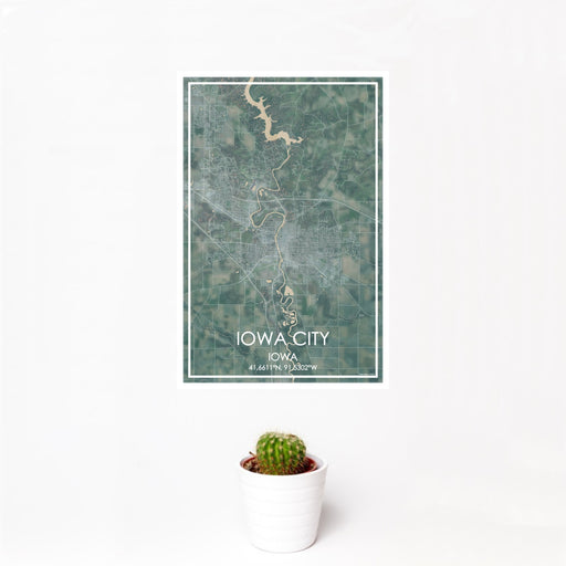 12x18 Iowa City Iowa Map Print Portrait Orientation in Afternoon Style With Small Cactus Plant in White Planter