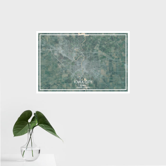 16x24 Iowa City Iowa Map Print Landscape Orientation in Afternoon Style With Tropical Plant Leaves in Water