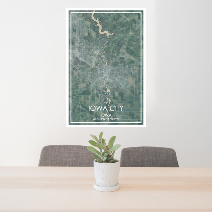 24x36 Iowa City Iowa Map Print Portrait Orientation in Afternoon Style Behind 2 Chairs Table and Potted Plant
