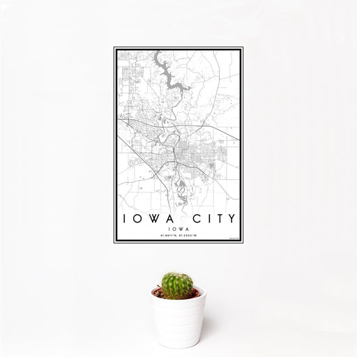 12x18 Iowa City Iowa Map Print Portrait Orientation in Classic Style With Small Cactus Plant in White Planter