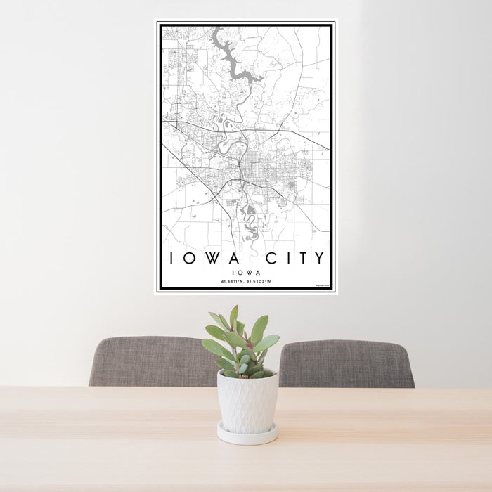 24x36 Iowa City Iowa Map Print Portrait Orientation in Classic Style Behind 2 Chairs Table and Potted Plant