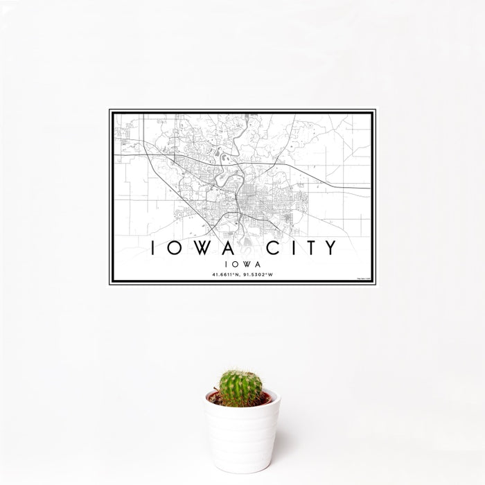 12x18 Iowa City Iowa Map Print Landscape Orientation in Classic Style With Small Cactus Plant in White Planter