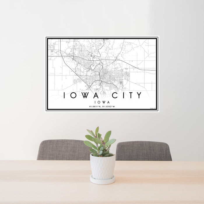 24x36 Iowa City Iowa Map Print Landscape Orientation in Classic Style Behind 2 Chairs Table and Potted Plant