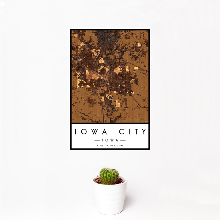 12x18 Iowa City Iowa Map Print Portrait Orientation in Ember Style With Small Cactus Plant in White Planter