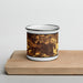 Front View Custom Iowa City Iowa Map Enamel Mug in Ember on Cutting Board