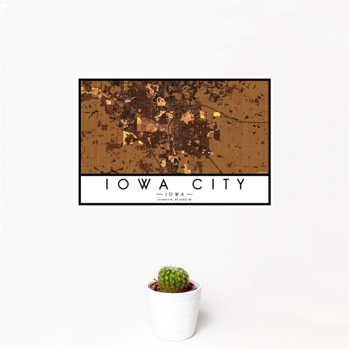 12x18 Iowa City Iowa Map Print Landscape Orientation in Ember Style With Small Cactus Plant in White Planter
