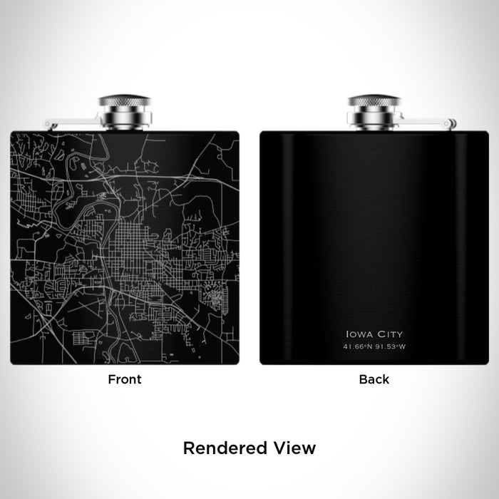 Rendered View of Iowa City Iowa Map Engraving on 6oz Stainless Steel Flask in Black