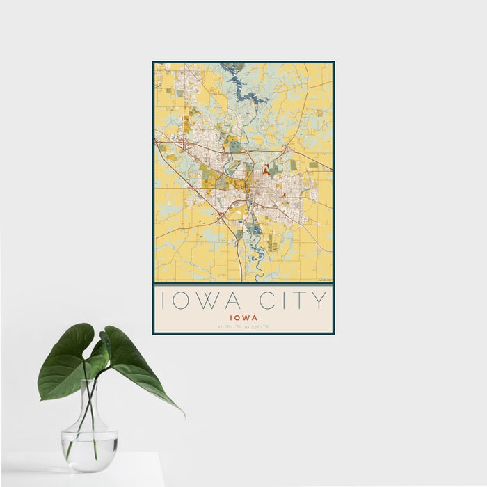 16x24 Iowa City Iowa Map Print Portrait Orientation in Woodblock Style With Tropical Plant Leaves in Water