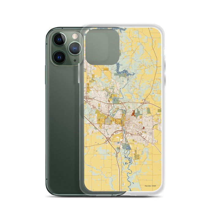 Custom Iowa City Iowa Map Phone Case in Woodblock on Table with Laptop and Plant