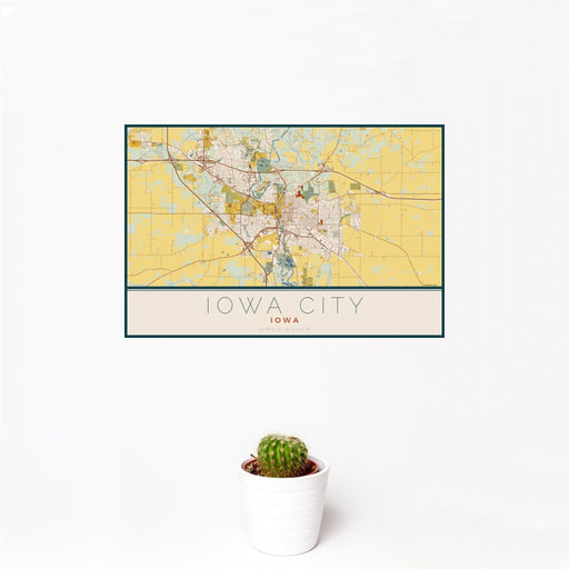 12x18 Iowa City Iowa Map Print Landscape Orientation in Woodblock Style With Small Cactus Plant in White Planter