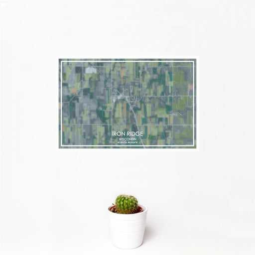 12x18 Iron Ridge Wisconsin Map Print Landscape Orientation in Afternoon Style With Small Cactus Plant in White Planter