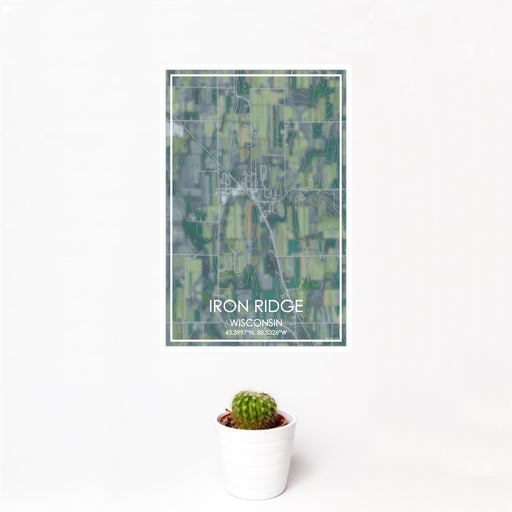 12x18 Iron Ridge Wisconsin Map Print Portrait Orientation in Afternoon Style With Small Cactus Plant in White Planter