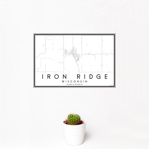 12x18 Iron Ridge Wisconsin Map Print Landscape Orientation in Classic Style With Small Cactus Plant in White Planter