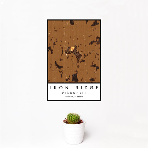 12x18 Iron Ridge Wisconsin Map Print Portrait Orientation in Ember Style With Small Cactus Plant in White Planter
