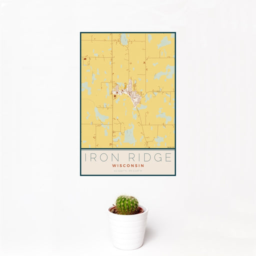 12x18 Iron Ridge Wisconsin Map Print Portrait Orientation in Woodblock Style With Small Cactus Plant in White Planter