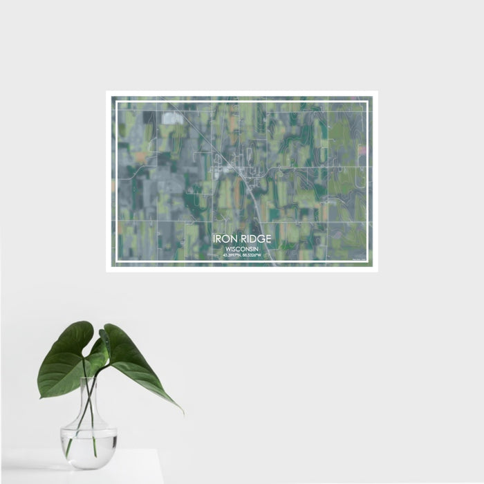 16x24 Iron Ridge Wisconsin Map Print Landscape Orientation in Afternoon Style With Tropical Plant Leaves in Water