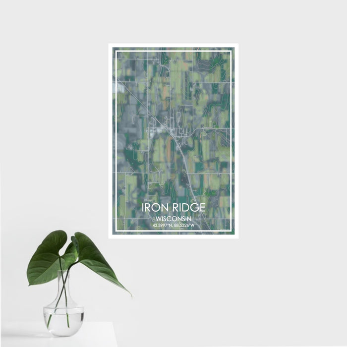 16x24 Iron Ridge Wisconsin Map Print Portrait Orientation in Afternoon Style With Tropical Plant Leaves in Water