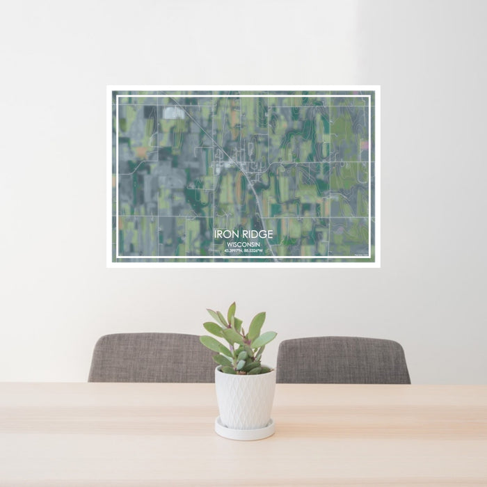 24x36 Iron Ridge Wisconsin Map Print Lanscape Orientation in Afternoon Style Behind 2 Chairs Table and Potted Plant