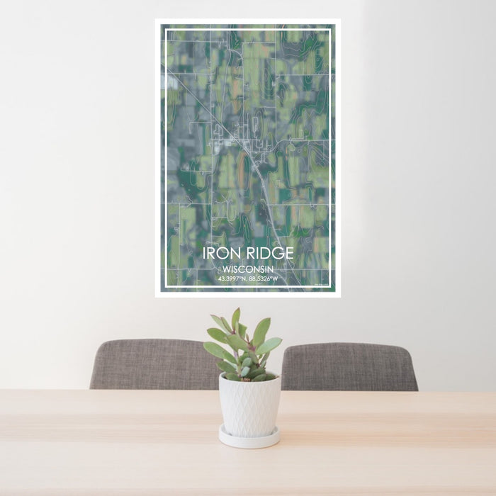 24x36 Iron Ridge Wisconsin Map Print Portrait Orientation in Afternoon Style Behind 2 Chairs Table and Potted Plant
