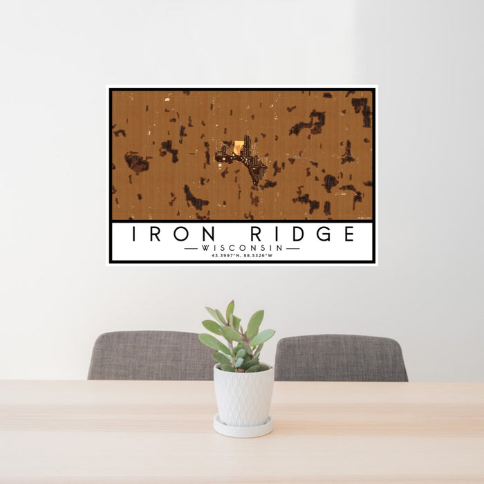 24x36 Iron Ridge Wisconsin Map Print Lanscape Orientation in Ember Style Behind 2 Chairs Table and Potted Plant