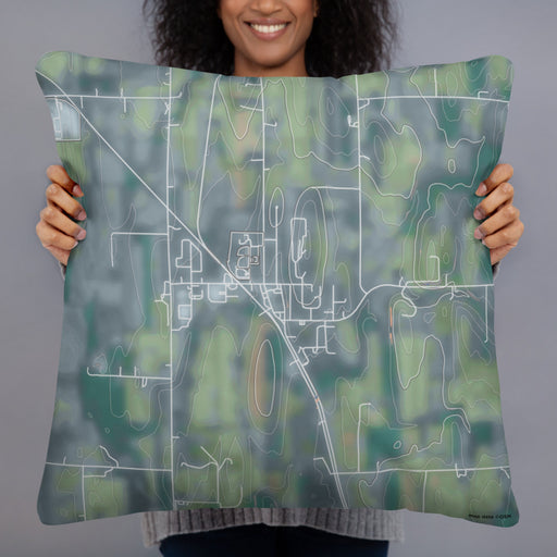 Person holding 22x22 Custom Iron Ridge Wisconsin Map Throw Pillow in Afternoon