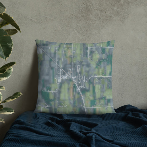 Custom Iron Ridge Wisconsin Map Throw Pillow in Afternoon on Bedding Against Wall