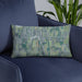 Custom Iron Ridge Wisconsin Map Throw Pillow in Afternoon on Blue Colored Chair