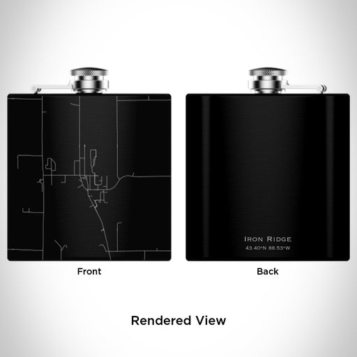 Rendered View of Iron Ridge Wisconsin Map Engraving on 6oz Stainless Steel Flask in Black