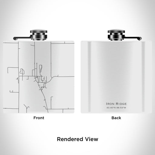 Rendered View of Iron Ridge Wisconsin Map Engraving on 6oz Stainless Steel Flask in White