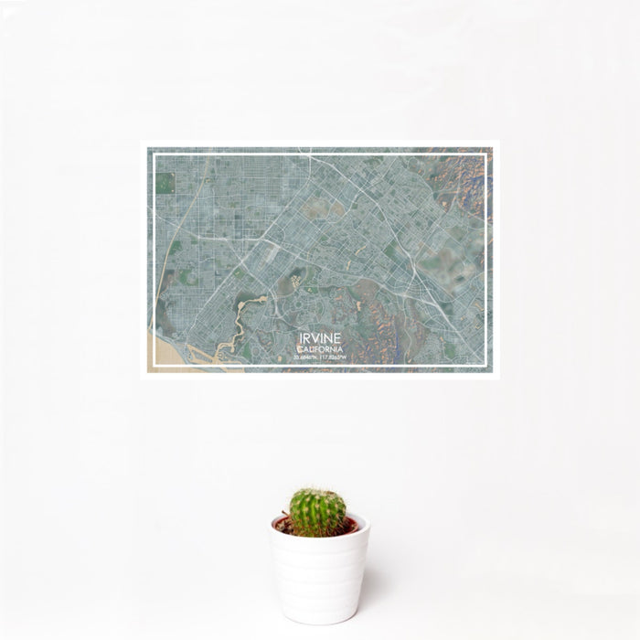 12x18 Irvine California Map Print Landscape Orientation in Afternoon Style With Small Cactus Plant in White Planter