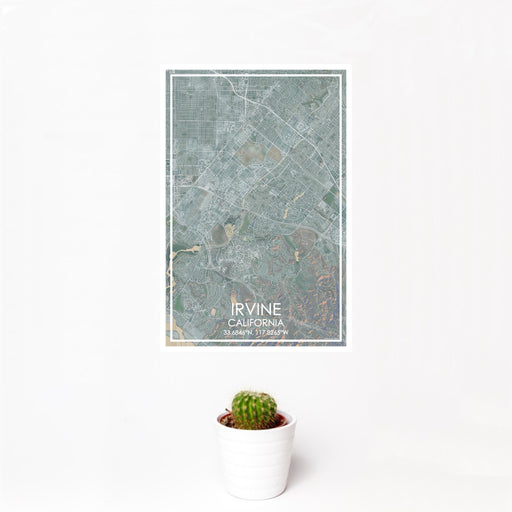 12x18 Irvine California Map Print Portrait Orientation in Afternoon Style With Small Cactus Plant in White Planter