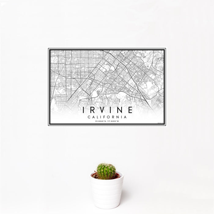 12x18 Irvine California Map Print Landscape Orientation in Classic Style With Small Cactus Plant in White Planter