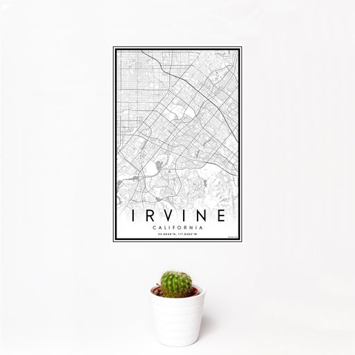 12x18 Irvine California Map Print Portrait Orientation in Classic Style With Small Cactus Plant in White Planter