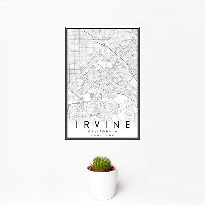 12x18 Irvine California Map Print Portrait Orientation in Classic Style With Small Cactus Plant in White Planter