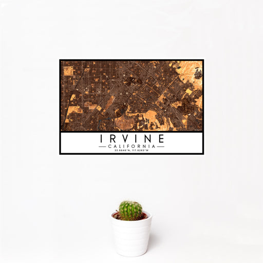 12x18 Irvine California Map Print Landscape Orientation in Ember Style With Small Cactus Plant in White Planter