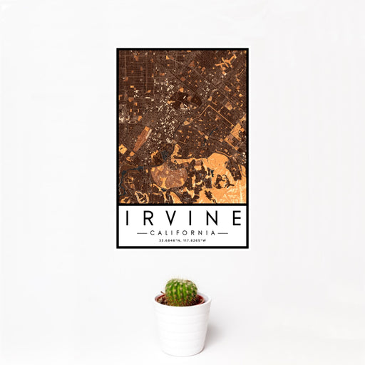 12x18 Irvine California Map Print Portrait Orientation in Ember Style With Small Cactus Plant in White Planter