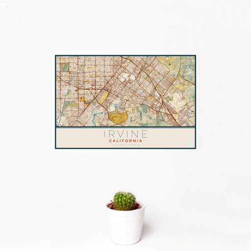 12x18 Irvine California Map Print Landscape Orientation in Woodblock Style With Small Cactus Plant in White Planter