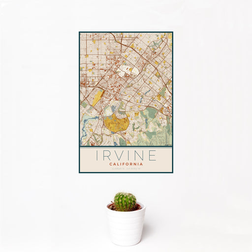 12x18 Irvine California Map Print Portrait Orientation in Woodblock Style With Small Cactus Plant in White Planter