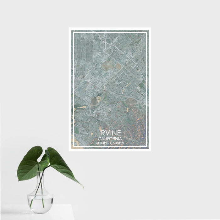 16x24 Irvine California Map Print Portrait Orientation in Afternoon Style With Tropical Plant Leaves in Water