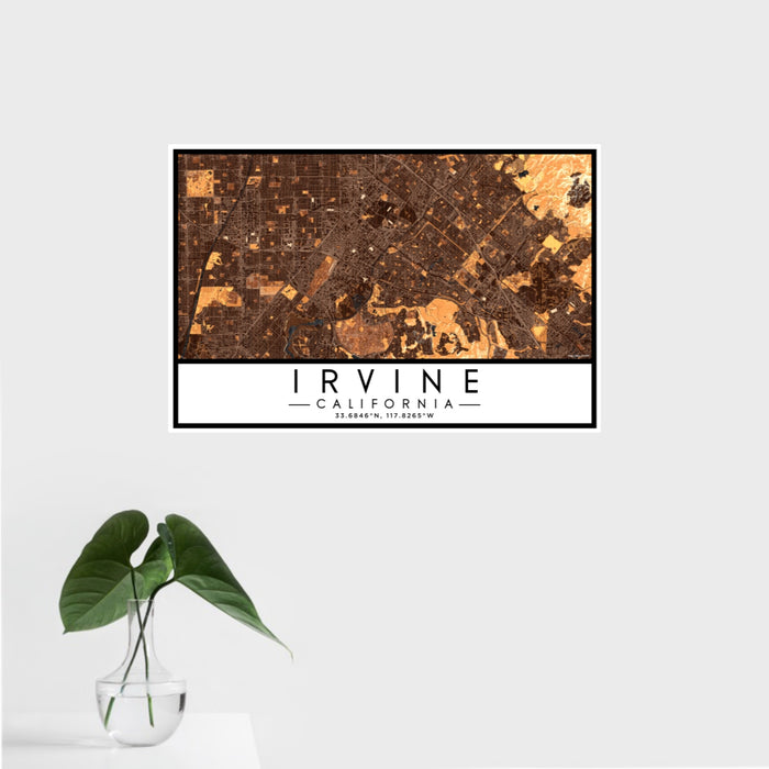 16x24 Irvine California Map Print Landscape Orientation in Ember Style With Tropical Plant Leaves in Water
