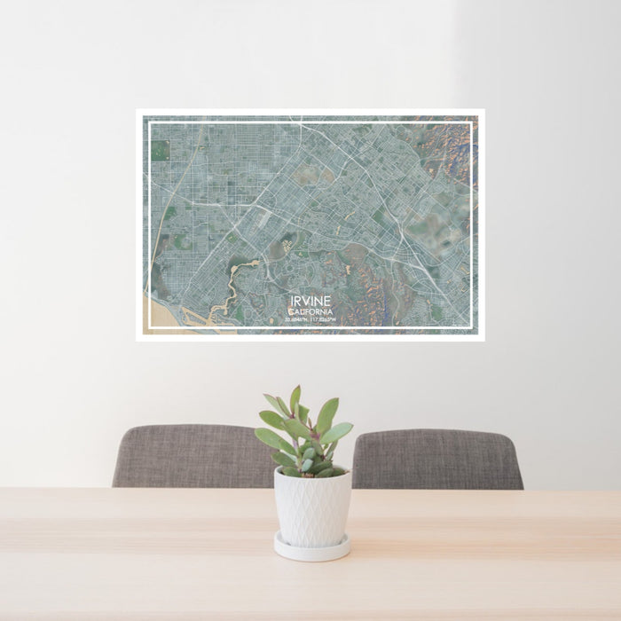 24x36 Irvine California Map Print Lanscape Orientation in Afternoon Style Behind 2 Chairs Table and Potted Plant
